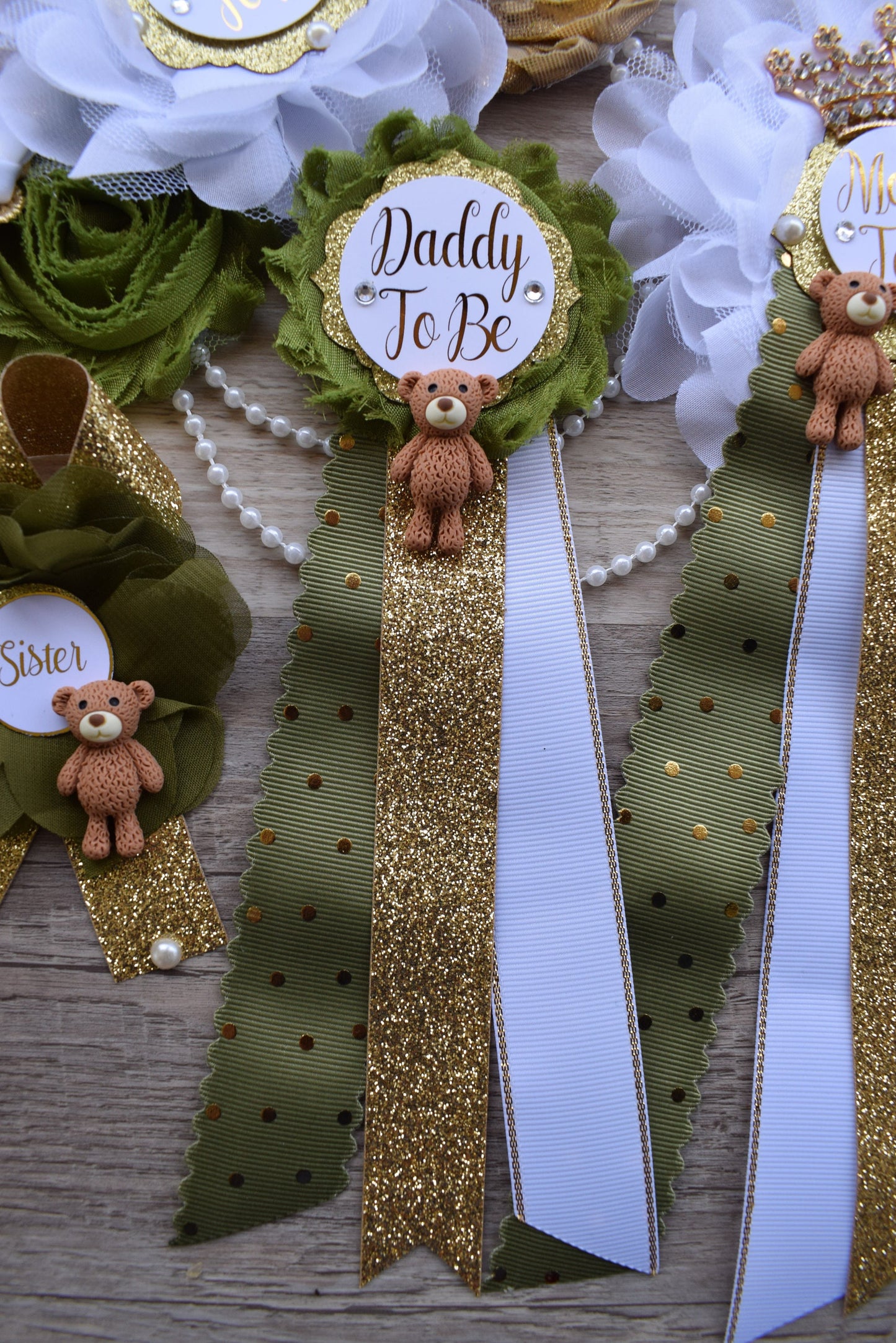 Olive Bear Baby Shower Set, Olive Maternity Sash, Teddy Bear Olive White Gold, Mommy To Be Pin, Daddy To Be Pin, Olive Baby Shower, Custom - Celebrations By Cris