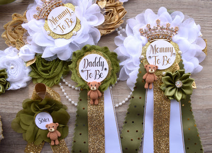 Olive Bear Baby Shower Set, Olive Maternity Sash, Teddy Bear Olive White Gold, Mommy To Be Pin, Daddy To Be Pin, Olive Baby Shower, Custom - Celebrations By Cris