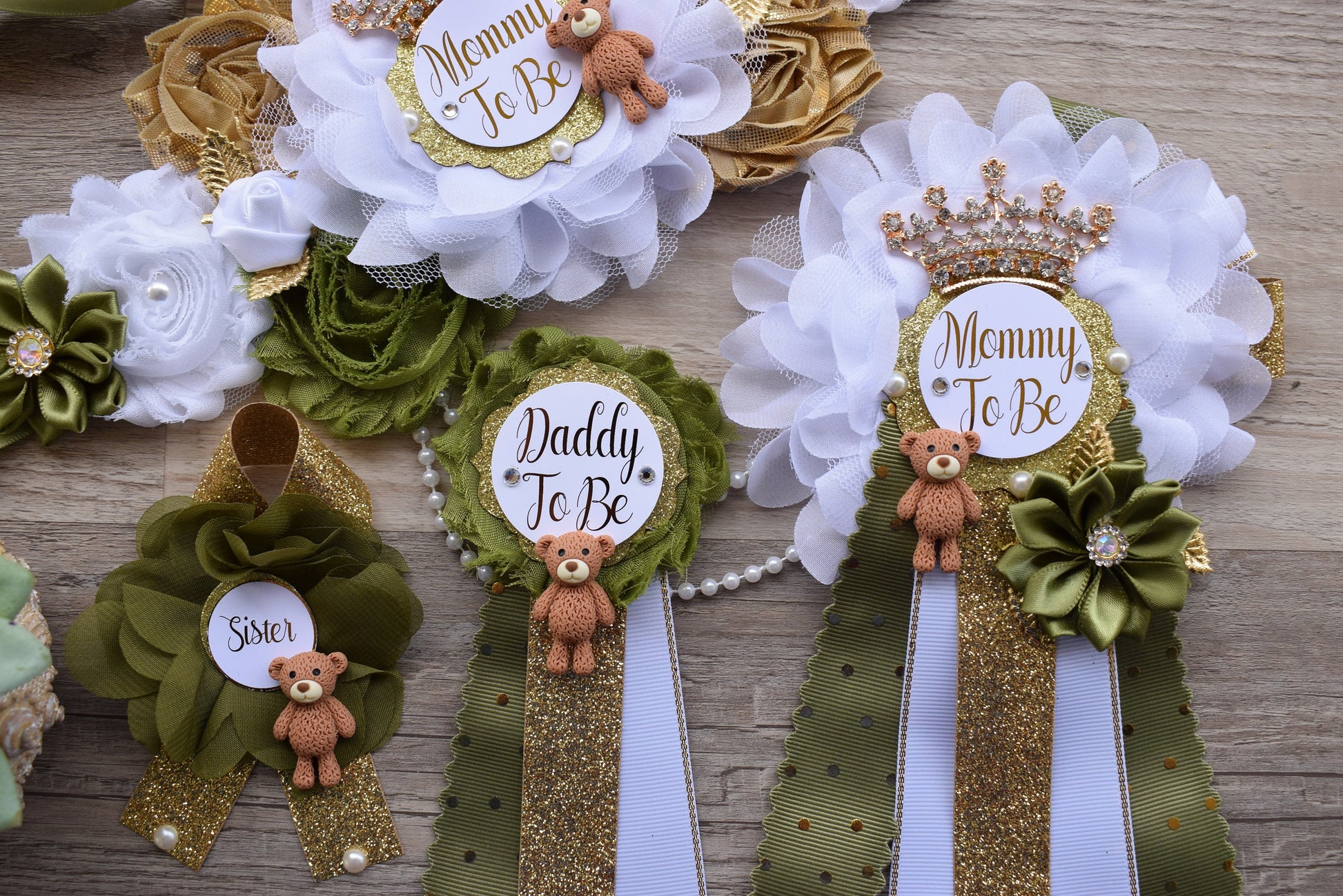 Olive Bear Baby Shower Set, Olive Maternity Sash, Teddy Bear Olive White Gold, Mommy To Be Pin, Daddy To Be Pin, Olive Baby Shower, Custom - Celebrations By Cris