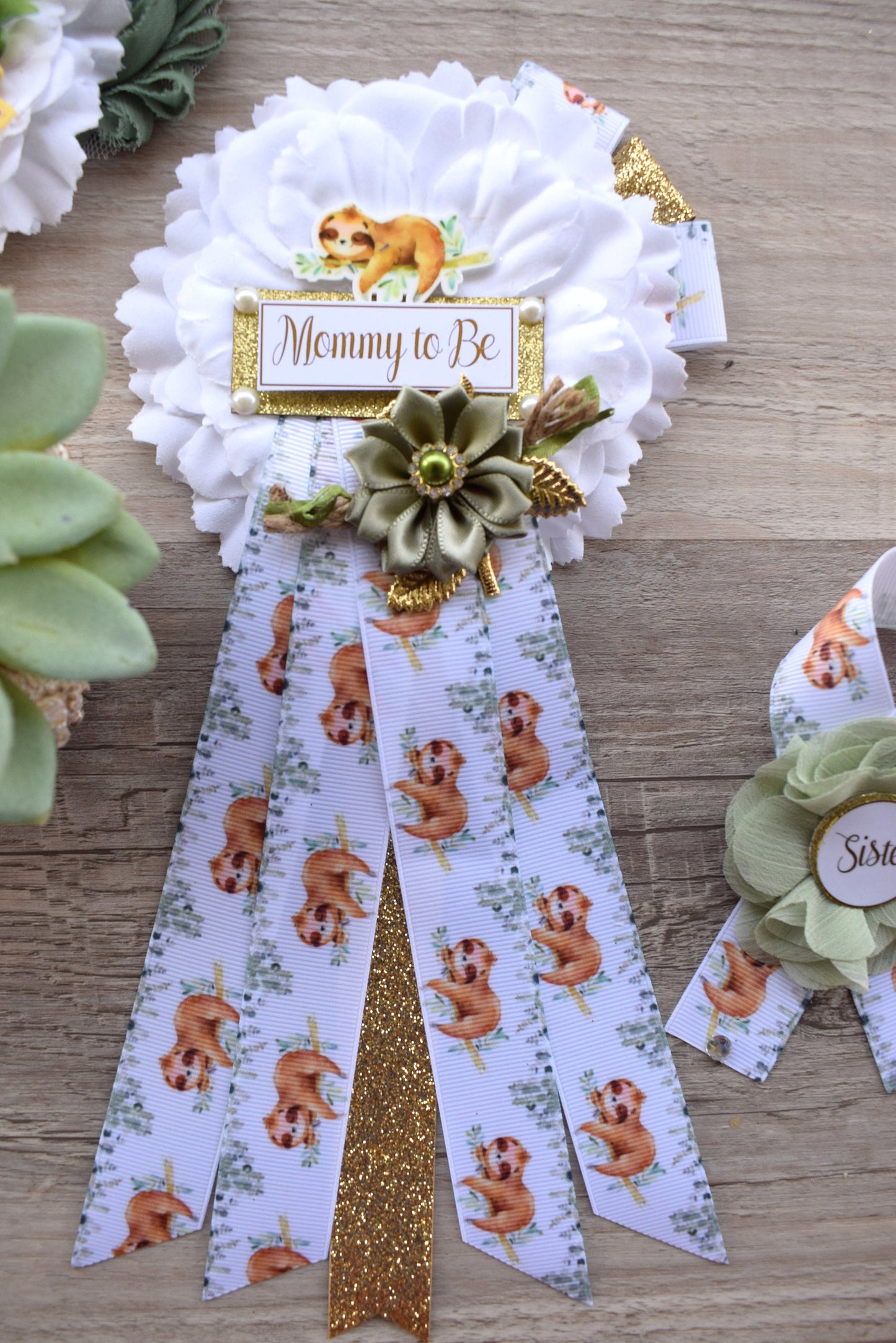 Sloth Baby Shower, Sloth Mommy to Be Pin, Sloth Baby Shower Pin, Sloth Greenery Maternity Sash, Baby Shower, Green White Gold - S0004 - Celebrations By Cris