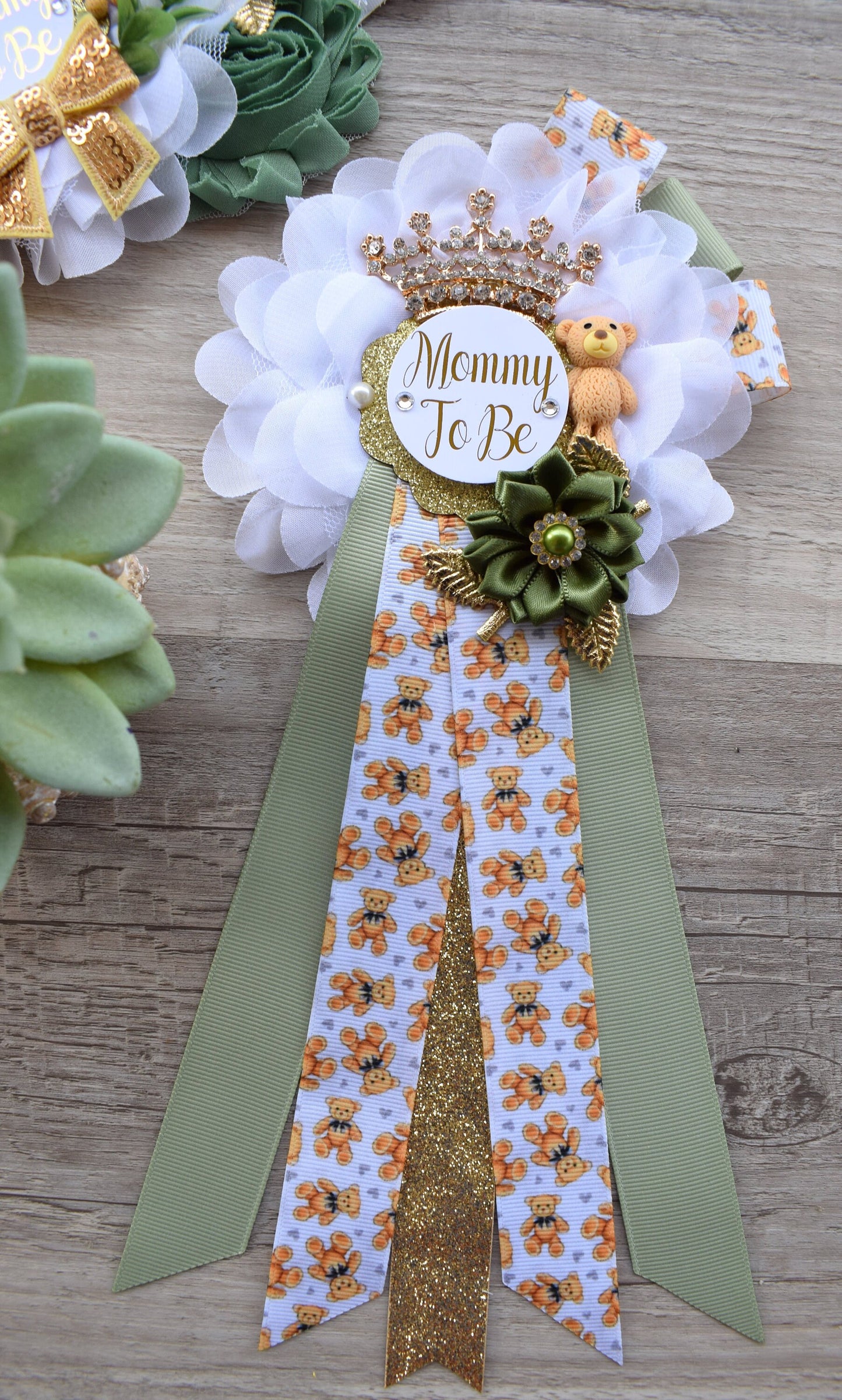 Bear Greenery Baby Shower, Bear Green White Gold Belly Sash, Bear Greenery Mommy To Be & Daddy To Be, Greenery Baby Shower Maternity Sash - Celebrations By Cris