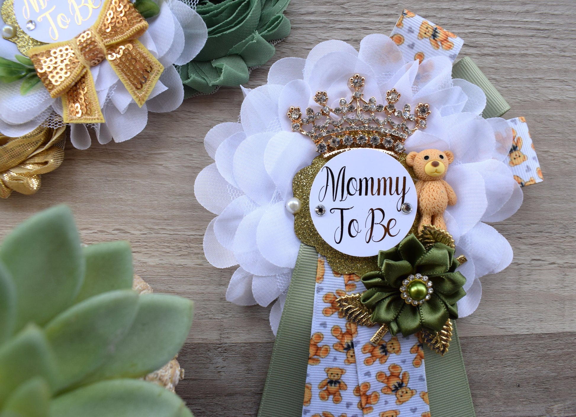 Bear Greenery Baby Shower, Bear Green White Gold Belly Sash, Bear Greenery Mommy To Be & Daddy To Be, Greenery Baby Shower Maternity Sash - Celebrations By Cris