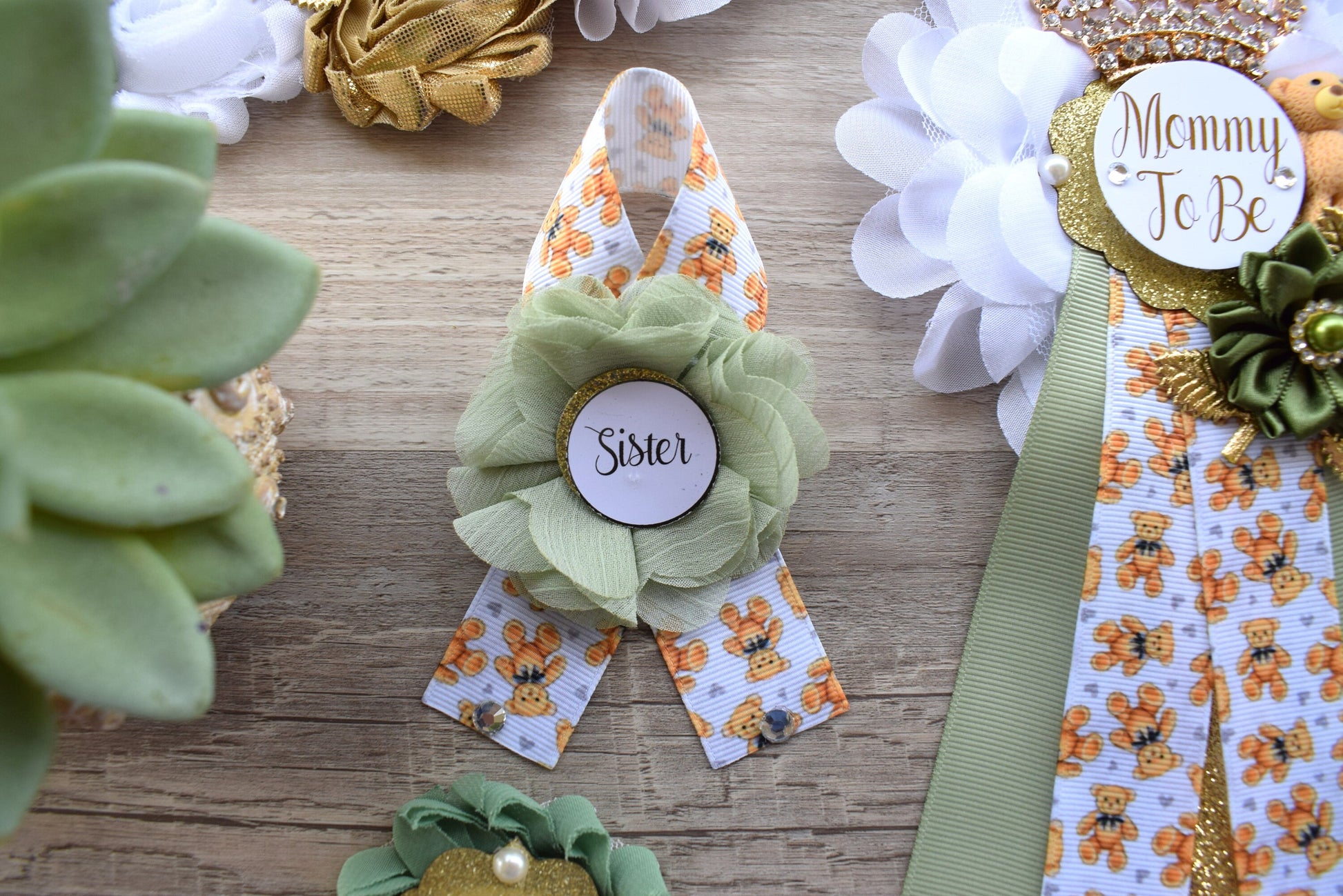 Bear Greenery Baby Shower, Bear Green White Gold Belly Sash, Bear Greenery Mommy To Be & Daddy To Be, Greenery Baby Shower Maternity Sash - Celebrations By Cris