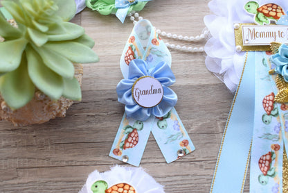 Sea Turtle Baby Shower, Turtle Aqua Blue Flower Sash, Under The Sea Corsage Pin, Turtle Mommy To Be, Turtle Daddy To Be, Turtle Shower - Celebrations By Cris