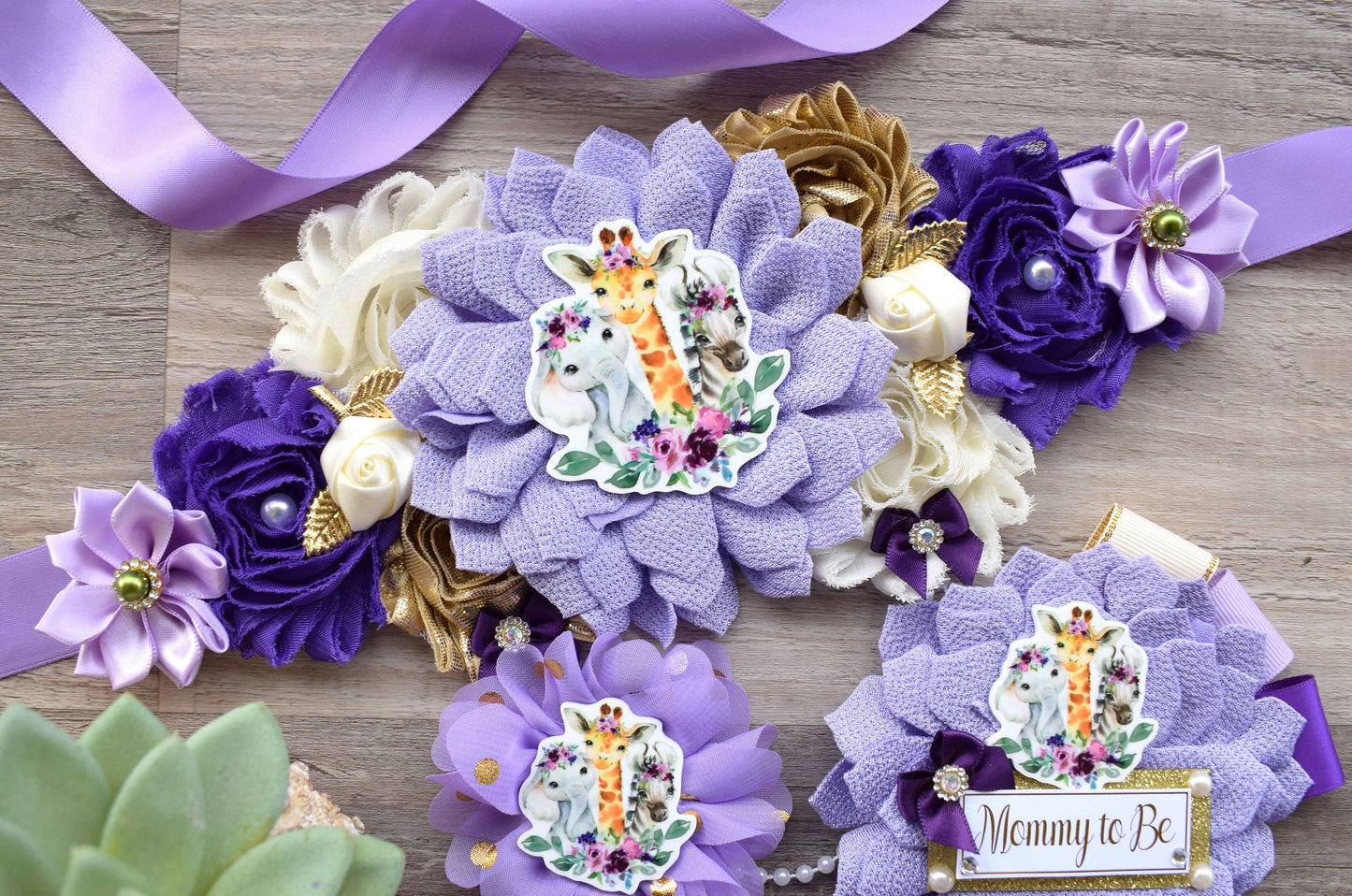 Girl Purple Safari Jungle Maternity Sash, Purple Lavender Gold Green Safari Maternity Sash, Purple Floral Animal Flower Baby Shower - Celebrations By Cris