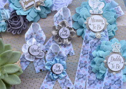 Boy Blue Elephant Baby Shower, Blue Grey Elephant Corsage Pin Set, Blue Grey Corsage Pin, Elephant Mommy To Be Pin, Daddy To Be Pin, Custom - Celebrations By Cris