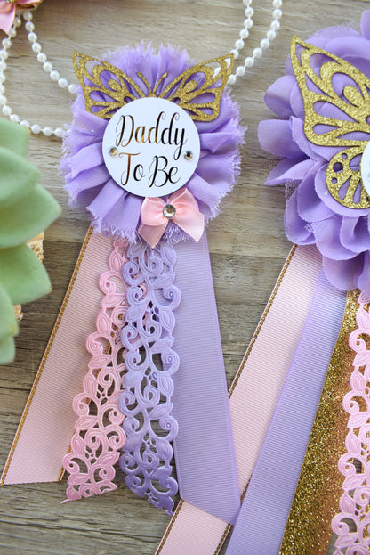 Pink Lavender Butterfly Baby Shower, Butterfly Maternity Belly Sash, Pink Lilac Gold Butterfly Mommy To Be Ribbon, Daddy To Be Pin, Custom - Celebrations By Cris