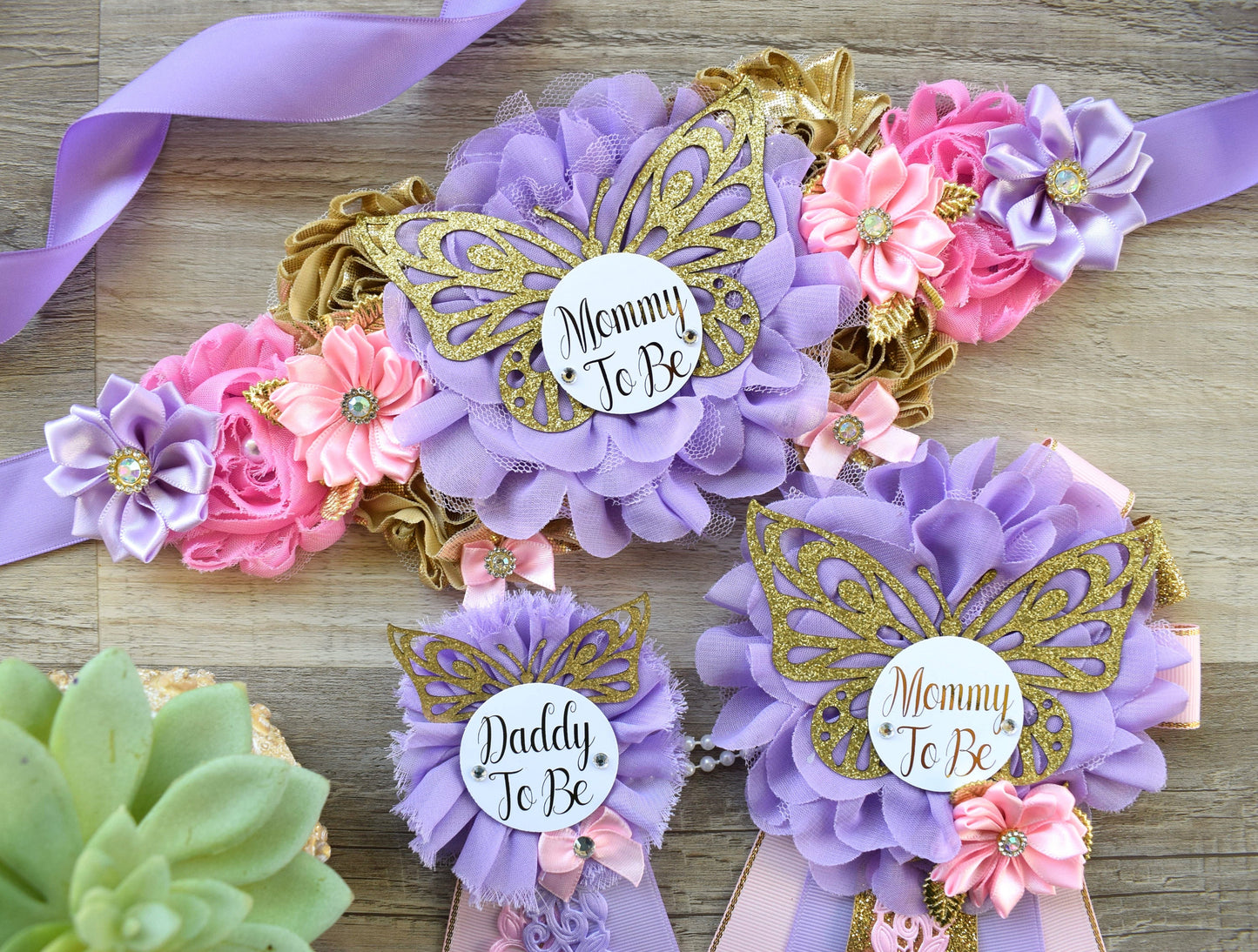 Pink Lavender Butterfly Baby Shower, Butterfly Maternity Belly Sash, Pink Lilac Gold Butterfly Mommy To Be Ribbon, Daddy To Be Pin, Custom - Celebrations By Cris