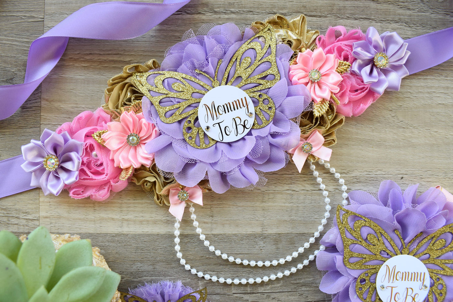 Pink Lavender Butterfly Baby Shower, Butterfly Maternity Belly Sash, Pink Lilac Gold Butterfly Mommy To Be Ribbon, Daddy To Be Pin, Custom - Celebrations By Cris