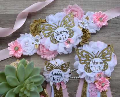 Pink White Butterfly Baby Shower, Butterfly Maternity Belly Sash, Pink Gold Butterfly Mommy To Be Ribbon, Butterfly Daddy To Be Pin, Custom - Celebrations By Cris