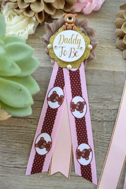 Pink Teddy Bear Baby Shower, Pink Bear Mommy Bear Maternity Sash, Papa Teddy Bear Mommy Daddy To Be Corsage, Pink Girl Teddy Bear, Custom - Celebrations By Cris