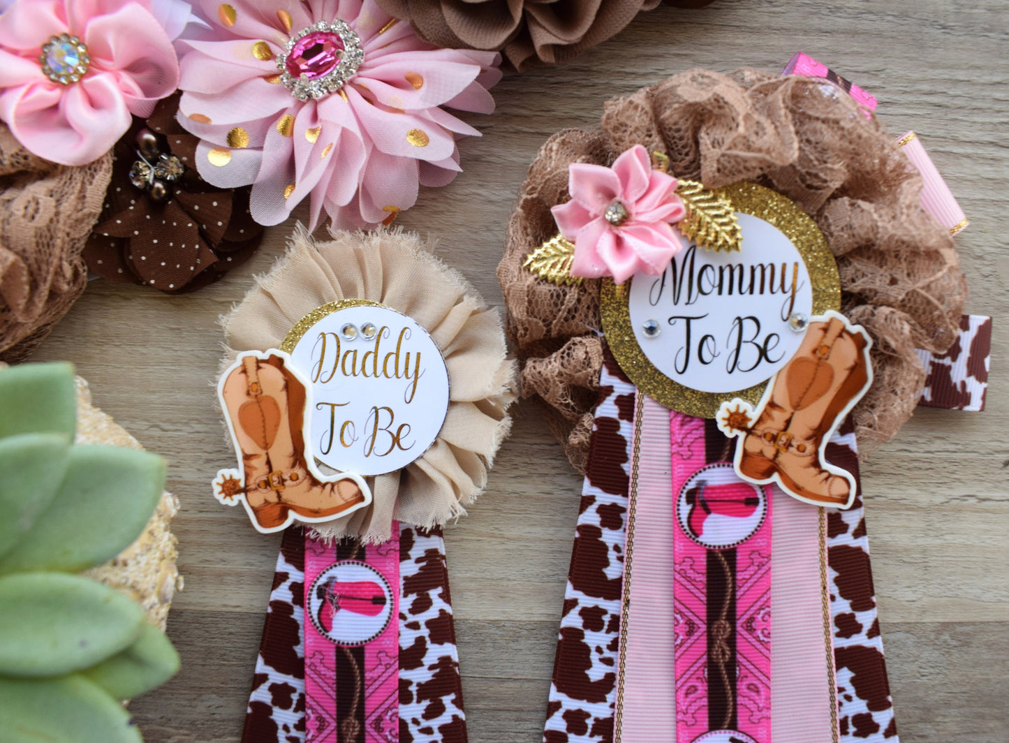 Pink Cowgirl Baby Shower, Pink Cowgirl Maternity Sash, Cowgirl Mommy and Daddy To Be Pin, Pink Brown Flower Sash, Girl Boot Hat Corsage Pin - Celebrations By Cris