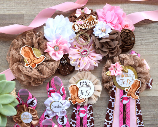 Pink Cowgirl Baby Shower, Pink Cowgirl Maternity Sash, Cowgirl Mommy and Daddy To Be Pin, Pink Brown Flower Sash, Girl Boot Hat Corsage Pin - Celebrations By Cris