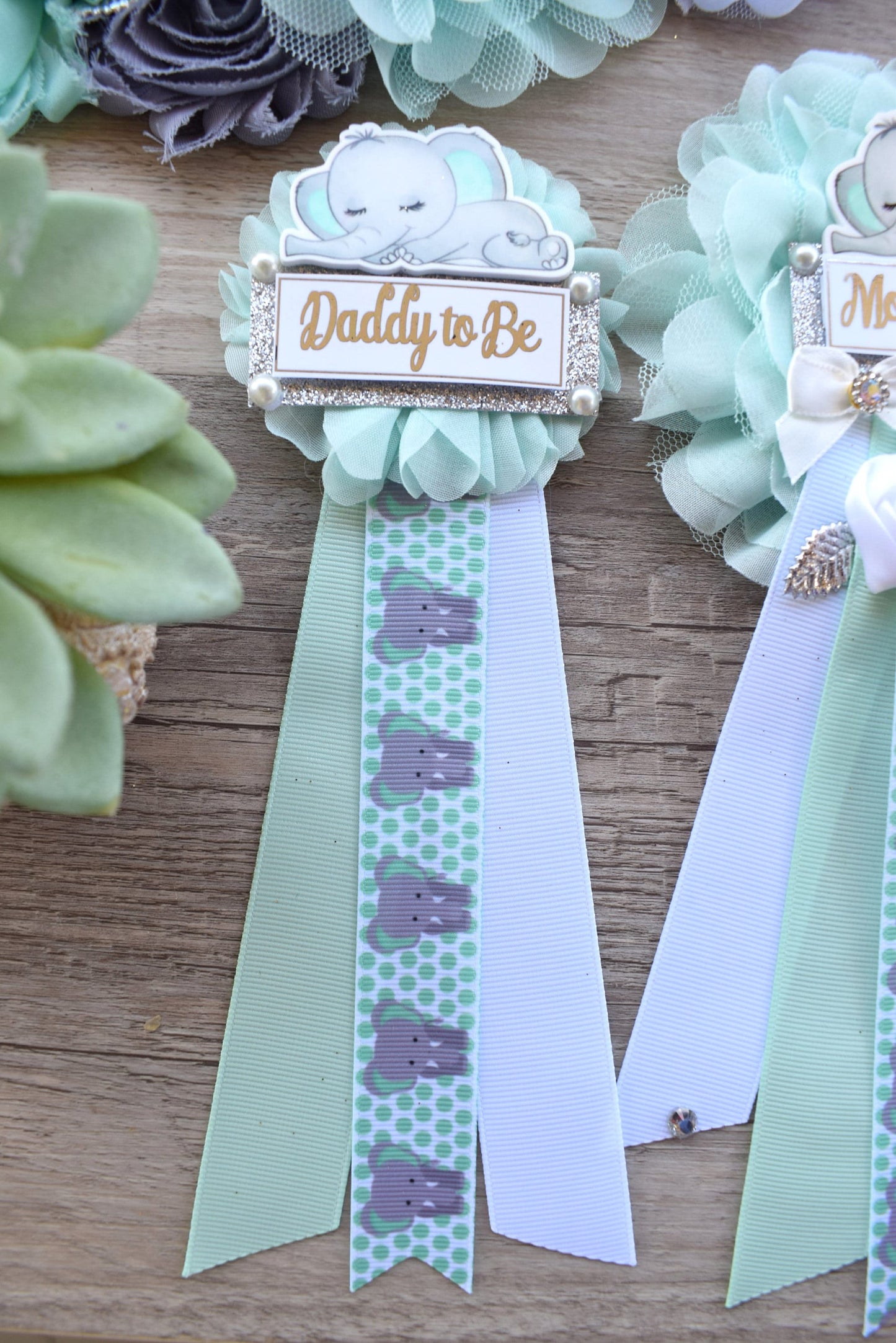 Aqua Elephant Baby Shower, Baby Aqua White Grey Elephant Sash and Pin, Elephant Mommy To Be Corsage Pin, Elephant Daddy Pin, Boy Elephant - Celebrations By Cris