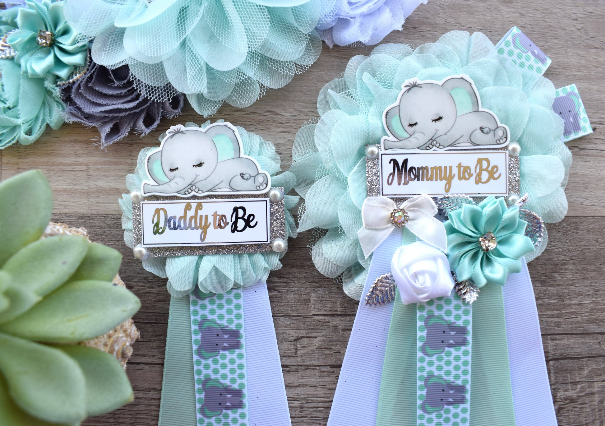 Aqua Elephant Baby Shower, Baby Aqua White Grey Elephant Sash and Pin, Elephant Mommy To Be Corsage Pin, Elephant Daddy Pin, Boy Elephant - Celebrations By Cris