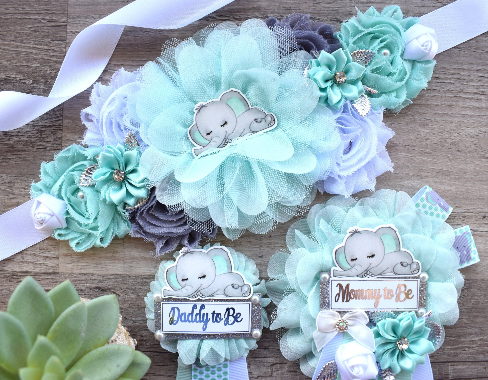 Aqua Elephant Baby Shower, Baby Aqua White Grey Elephant Sash and Pin, Elephant Mommy To Be Corsage Pin, Elephant Daddy Pin, Boy Elephant - Celebrations By Cris