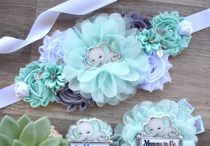 Aqua Elephant Baby Shower, Baby Aqua White Grey Elephant Sash and Pin, Elephant Mommy To Be Corsage Pin, Elephant Daddy Pin, Boy Elephant - Celebrations By Cris