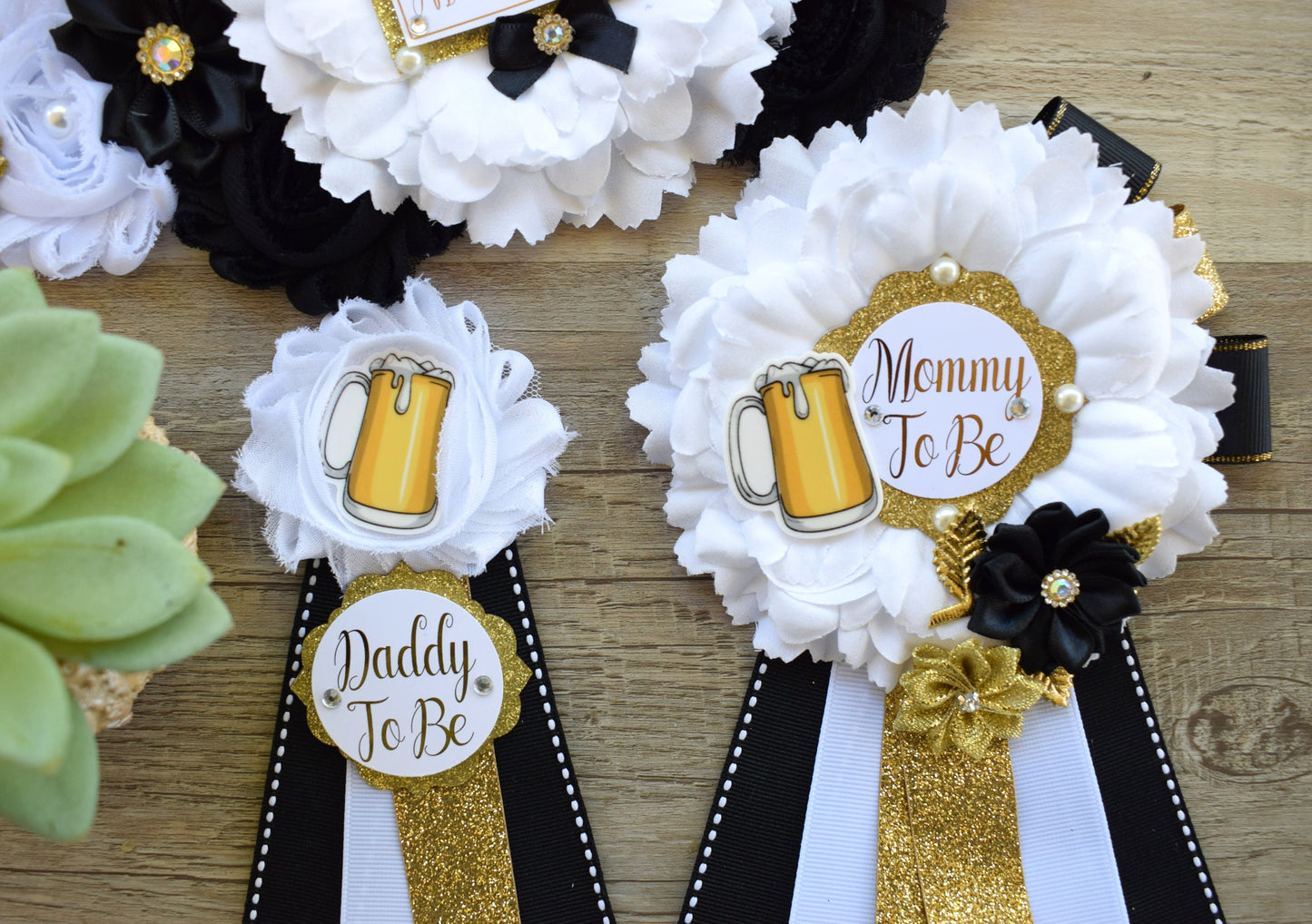 A Baby Is Brewing Baby Shower, Black White Gold Maternity Sash, Beer Mommy To Be Ribbon Pin, Brewing Daddy To Be Pin, Gender Reveal Shower