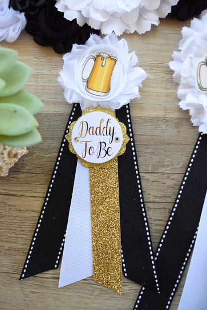 A Baby Is Brewing Baby Shower, Black White Gold Maternity Sash, Beer Mommy To Be Ribbon Pin, Brewing Daddy To Be Pin, Gender Reveal Shower