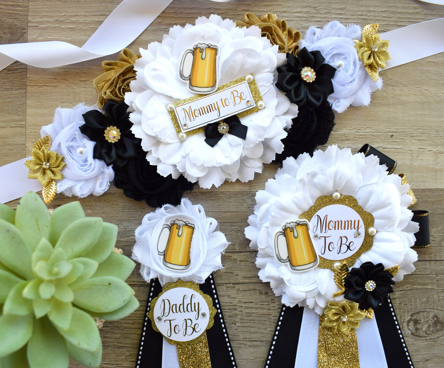 A Baby Is Brewing Baby Shower, Black White Gold Maternity Sash, Beer Mommy To Be Ribbon Pin, Brewing Daddy To Be Pin, Gender Reveal Shower