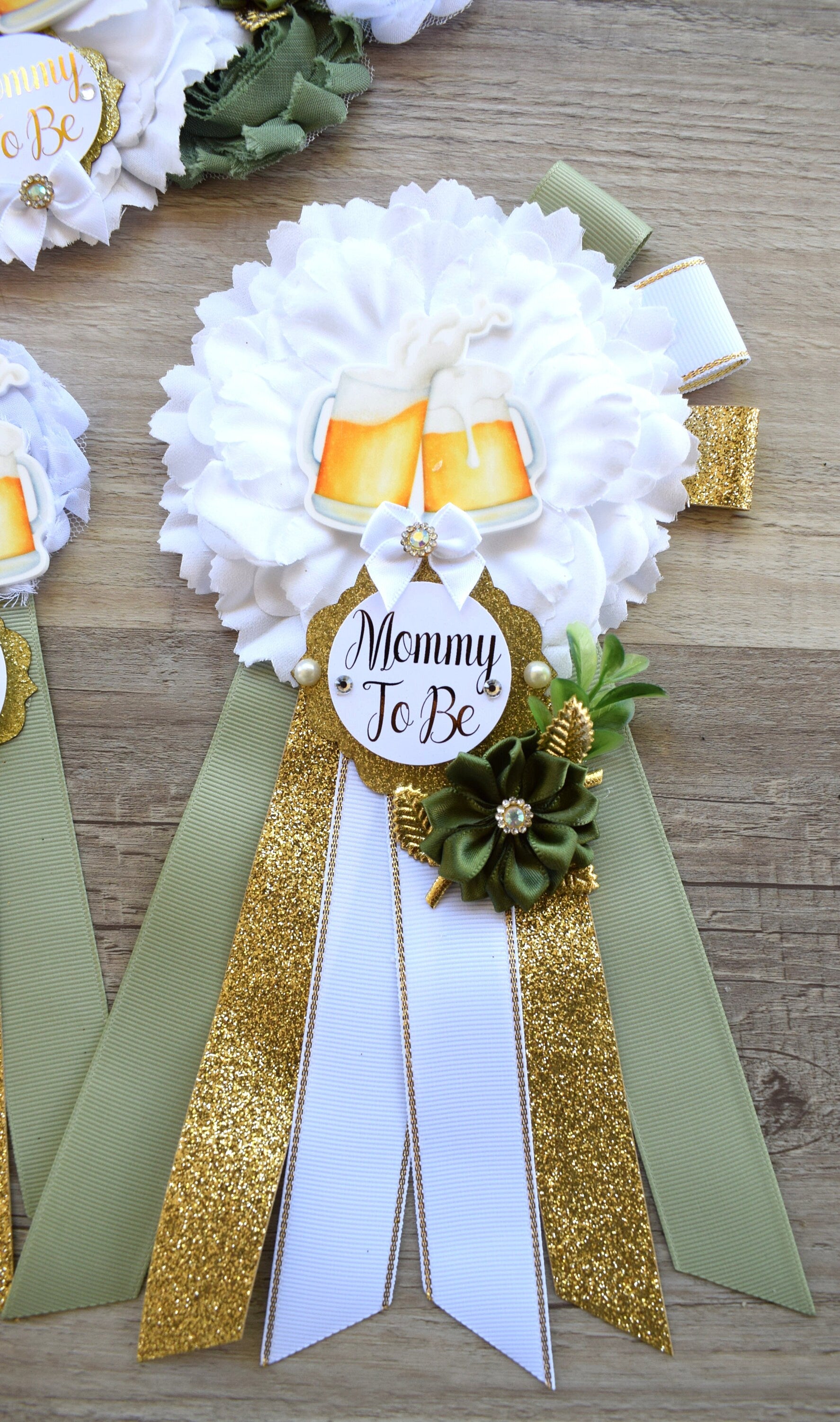 A Baby Is Brewing Baby Shower, Greenery White Gold Maternity Sash, Beer Mommy To Be Ribbon, Brewing Daddy To Be Pin, Gender Reveal Shower - Celebrations By Cris