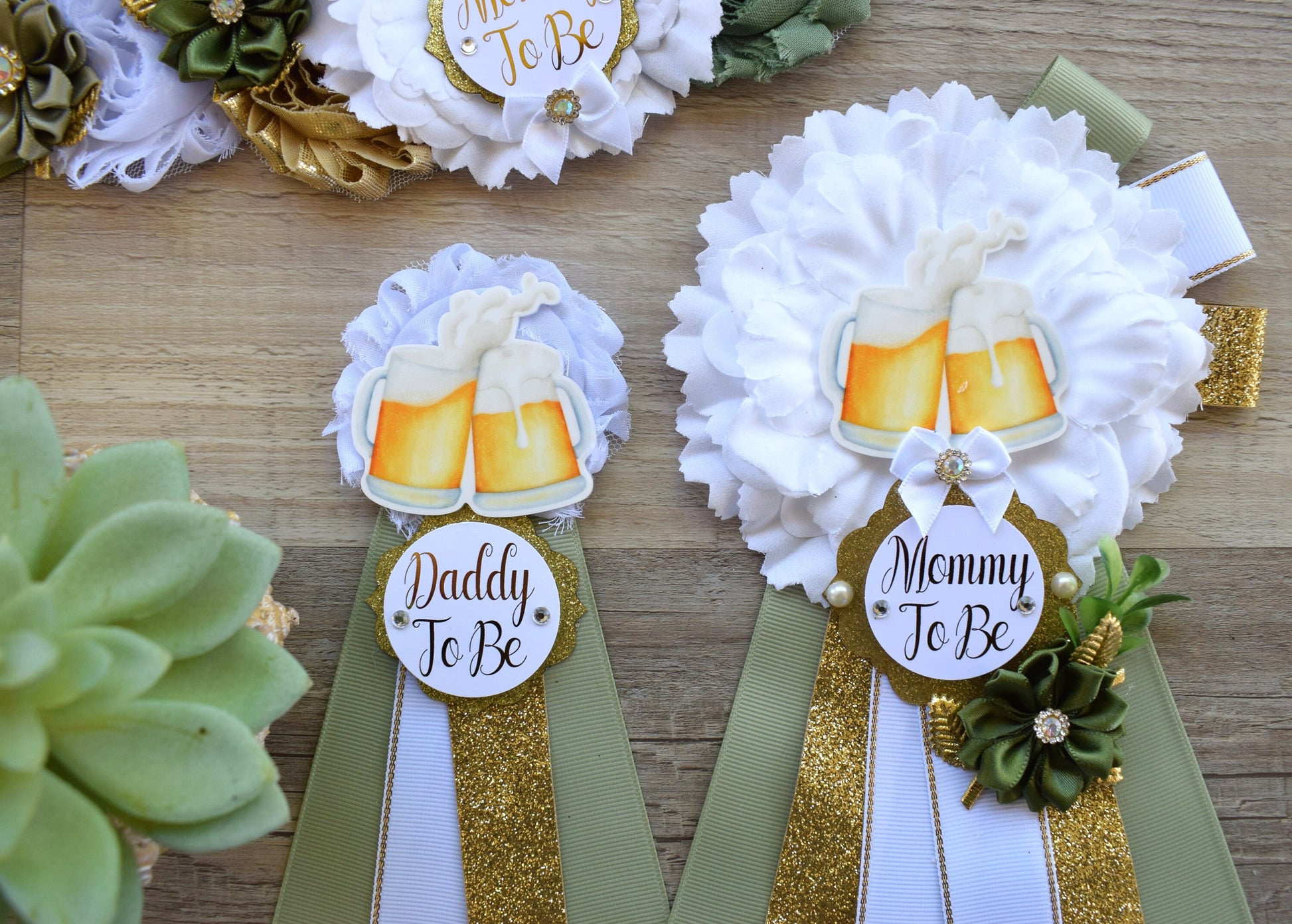 A Baby Is Brewing Baby Shower, Greenery White Gold Maternity Sash, Beer Mommy To Be Ribbon, Brewing Daddy To Be Pin, Gender Reveal Shower - Celebrations By Cris