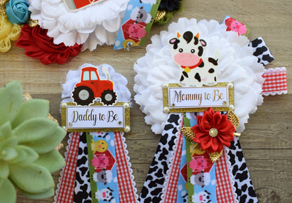 Farm Animal Baby Shower, Barn Animal Baby Shower, Cow Sheep Horse Mommy To Be Ribbon Pin, Farm Daddy To Be Ribbon Pin, Baby Shower Gift - Celebrations By Cris