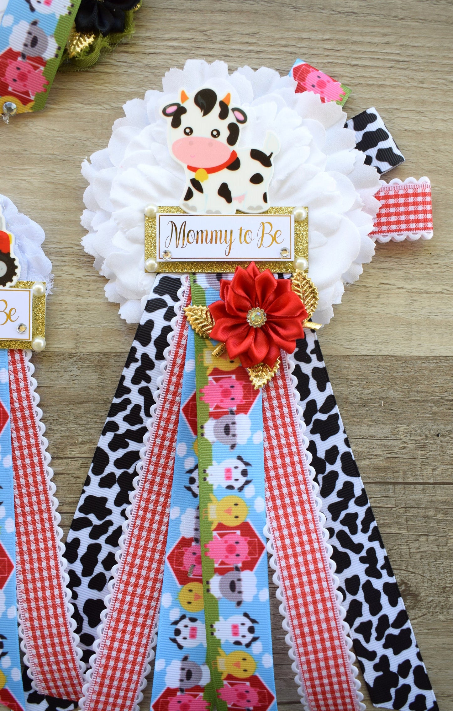 Farm Animal Baby Shower, Barn Animal Baby Shower, Cow Sheep Horse Mommy To Be Ribbon Pin, Farm Daddy To Be Ribbon Pin, Baby Shower Gift - Celebrations By Cris