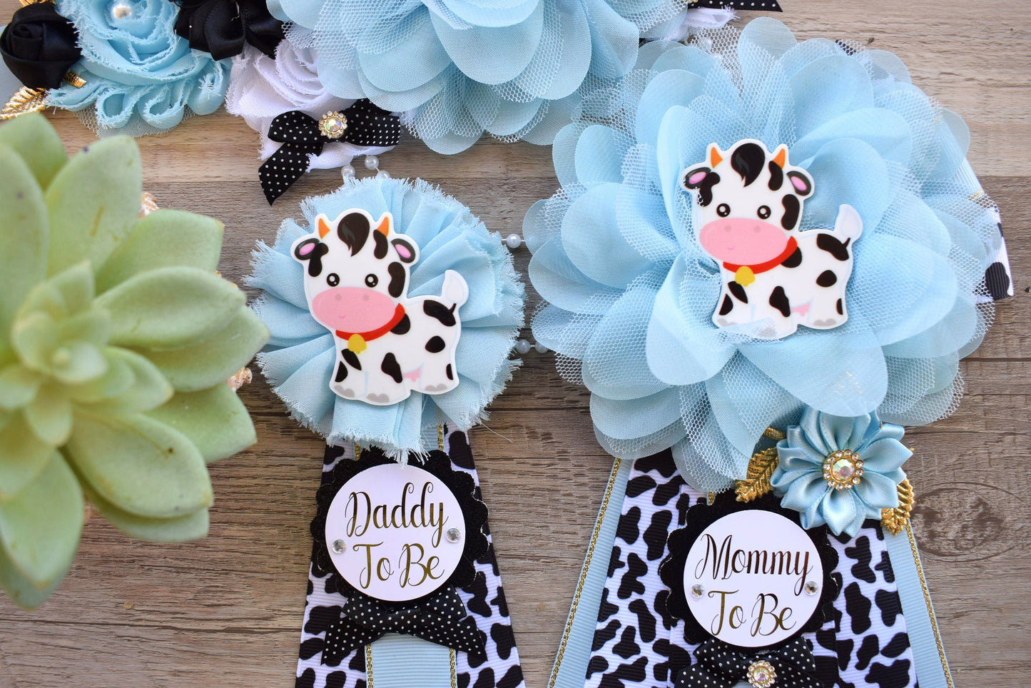 Blue Cow Baby Shower, Boy Cow Maternity Sash, Farm Boy Cow Mommy To Be Ribbon, Daddy To Be Ribbon, Baby Shower Gift, Custom - Celebrations By Cris