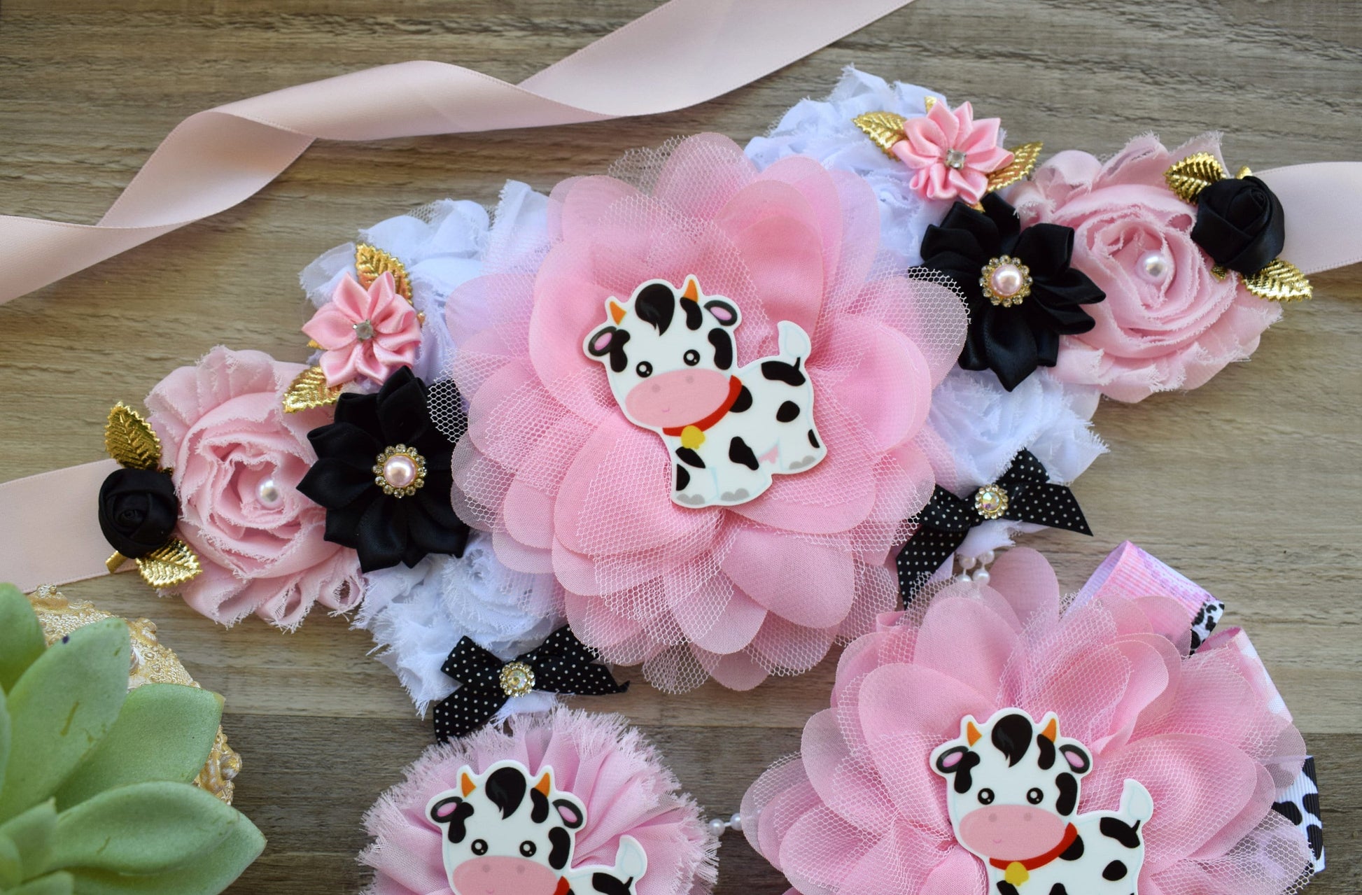 Pink Cow Baby Shower, Girl Cow Maternity Sash, Farm Cow Mommy To Be Ribbon, Daddy To Be Ribbon Pin, Pink Black White, Baby Shower Gift - Celebrations By Cris