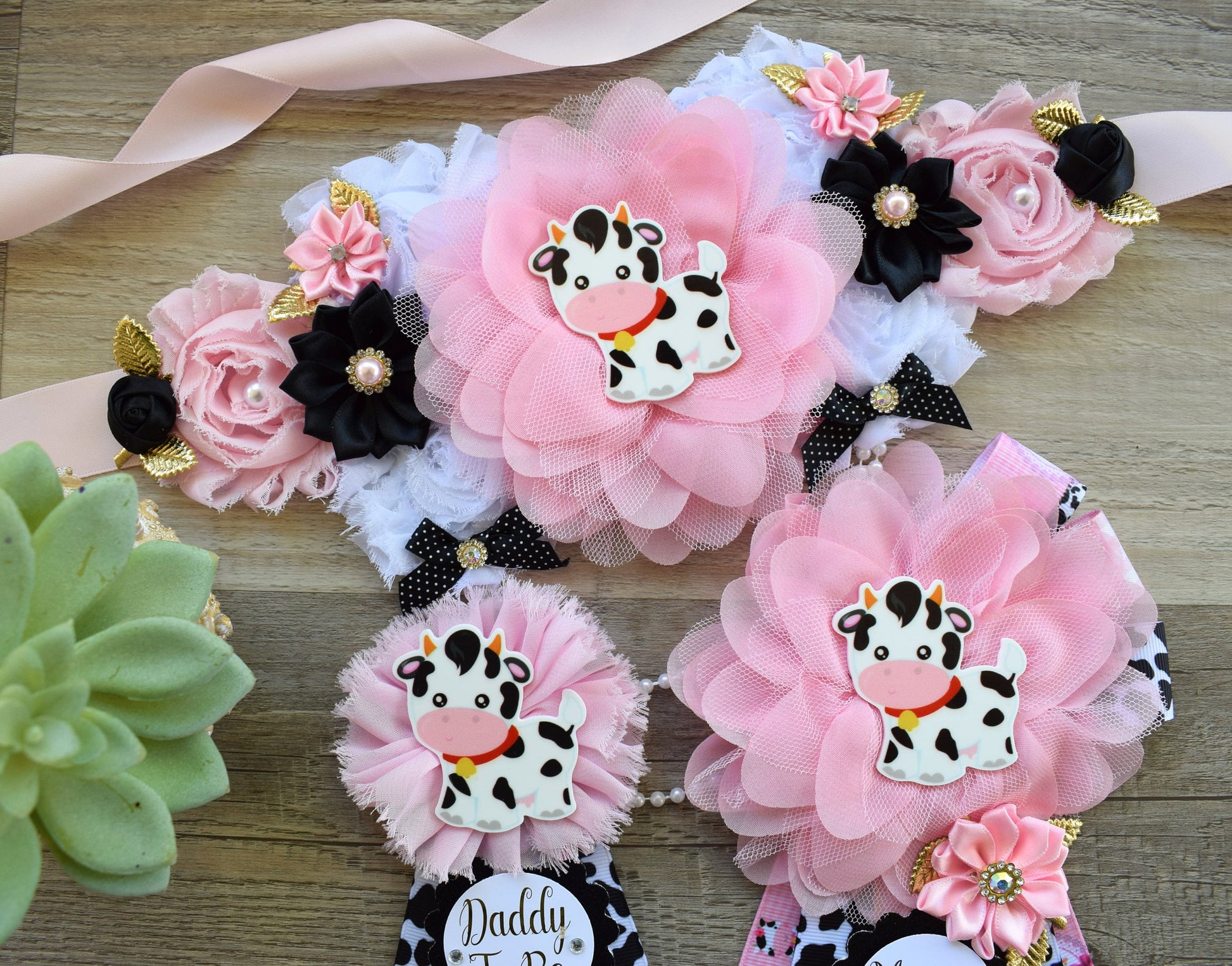 Pink Cow Baby Shower, Girl Cow Maternity Sash, Farm Cow Mommy To Be Ribbon, Daddy To Be Ribbon Pin, Pink Black White, Baby Shower Gift - Celebrations By Cris