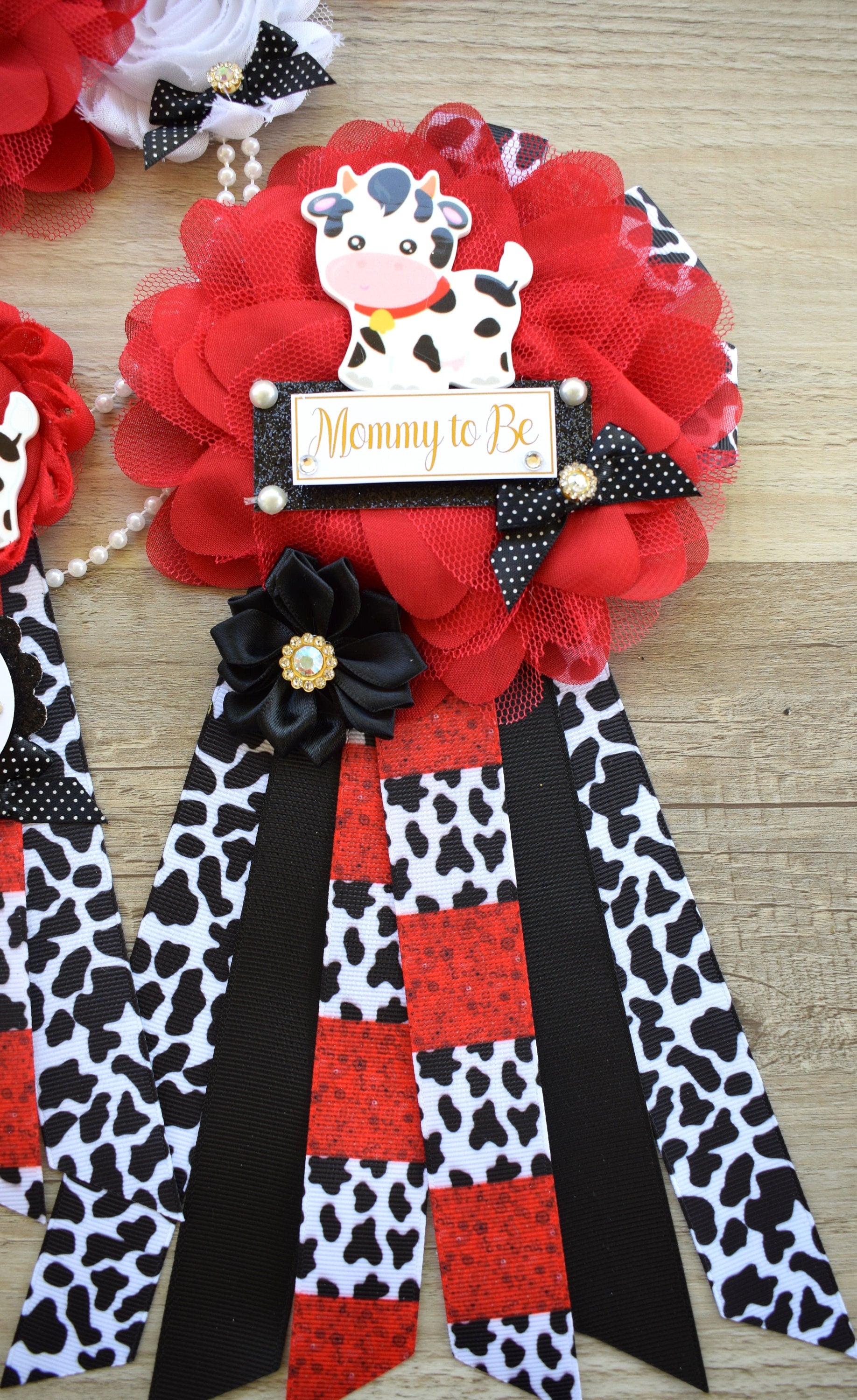 Red Cow Baby Shower, Cow Maternity Sash, Farm Cow Mommy To Be Ribbon, Daddy To Be Ribbon Pin, Red Black White, Baby Shower Gift - Celebrations By Cris