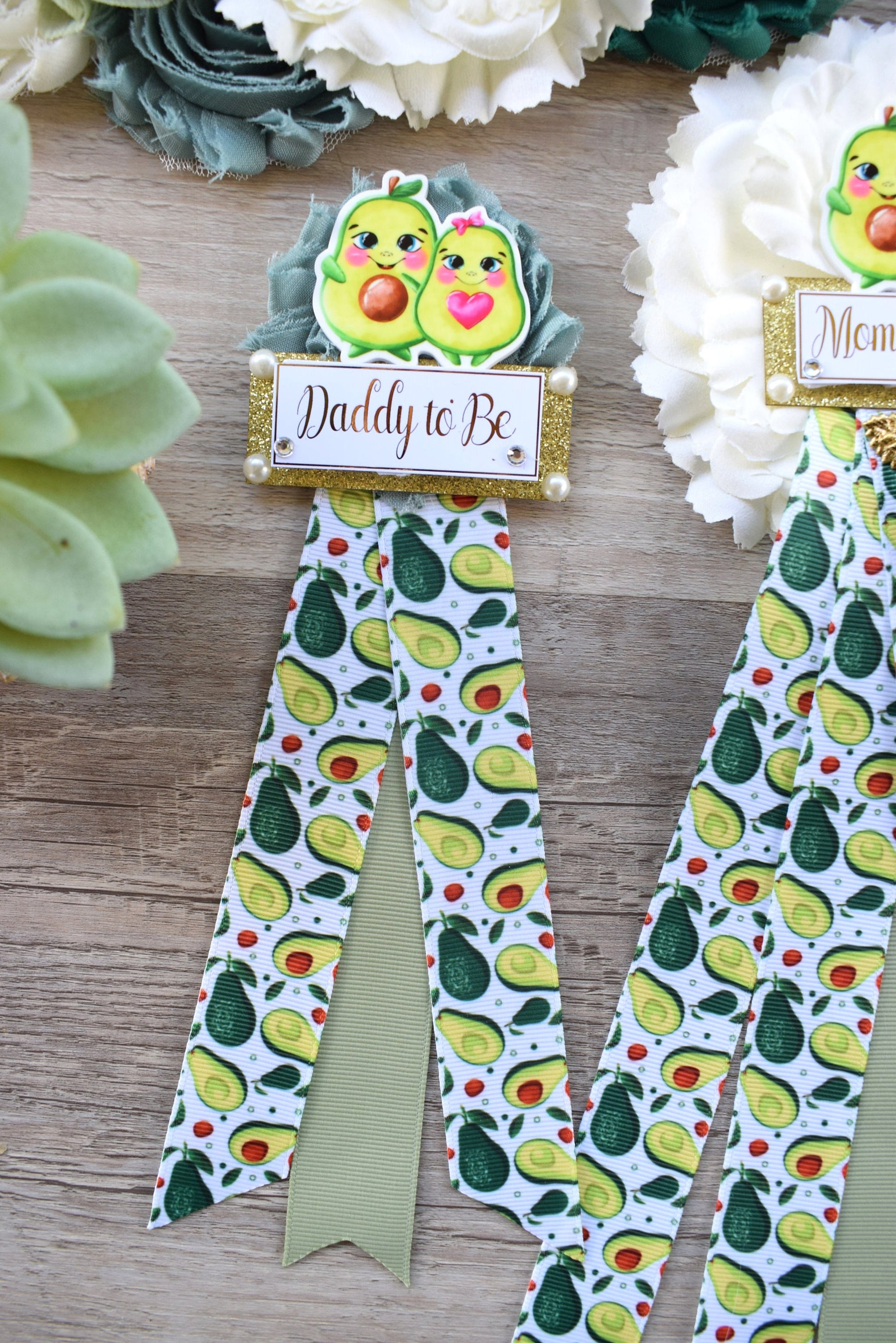 Holy Guacamole Avocado Baby Shower, Green Ivory Gold Maternity Sash, Avocado Baby Shower, Avocado Mommy To Be Ribbon Pin, Daddy To Be Pin - Celebrations By Cris