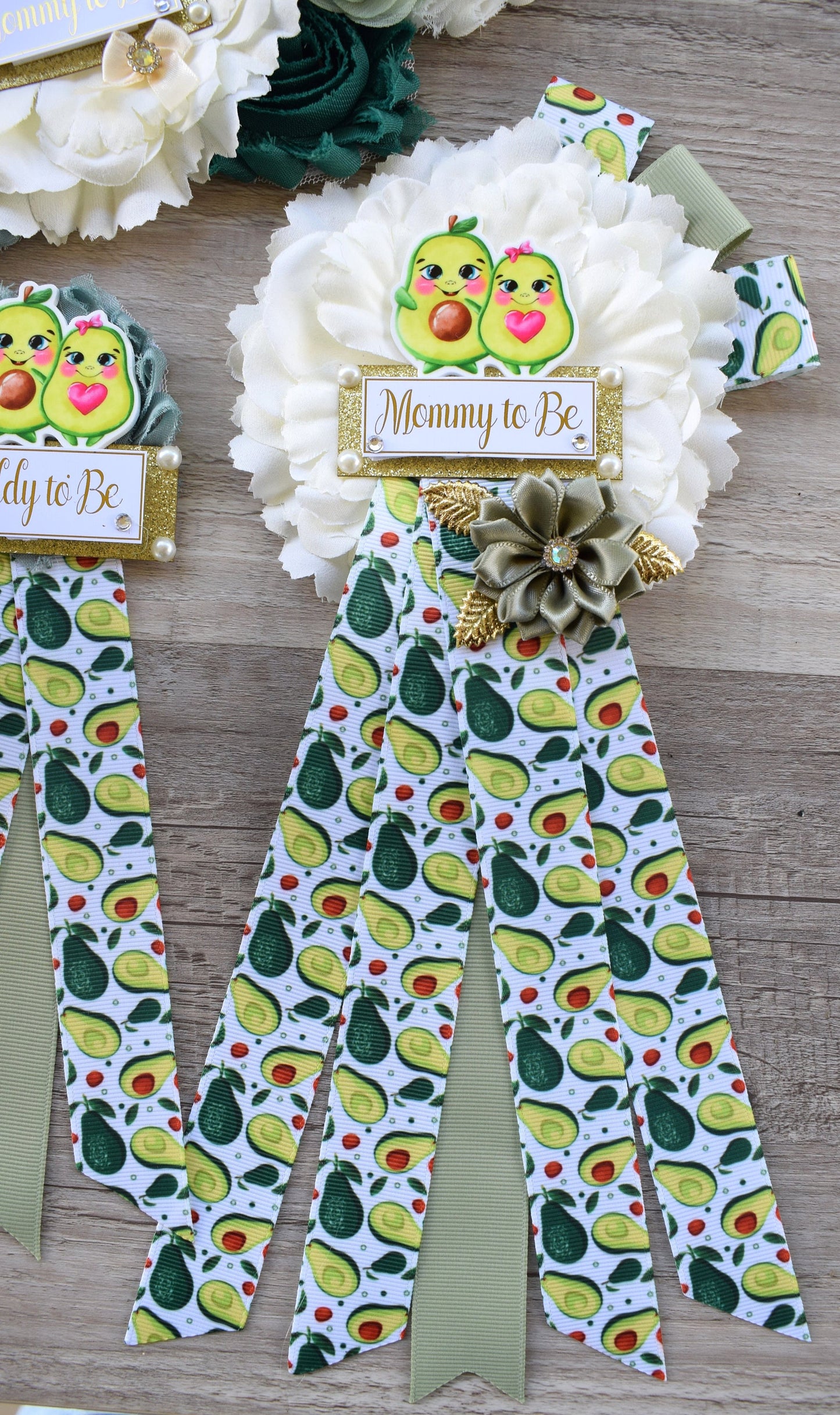 Holy Guacamole Avocado Baby Shower, Green Ivory Gold Maternity Sash, Avocado Baby Shower, Avocado Mommy To Be Ribbon Pin, Daddy To Be Pin - Celebrations By Cris