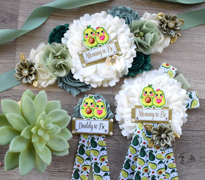 Holy Guacamole Avocado Baby Shower, Green Ivory Gold Maternity Sash, Avocado Baby Shower, Avocado Mommy To Be Ribbon Pin, Daddy To Be Pin - Celebrations By Cris