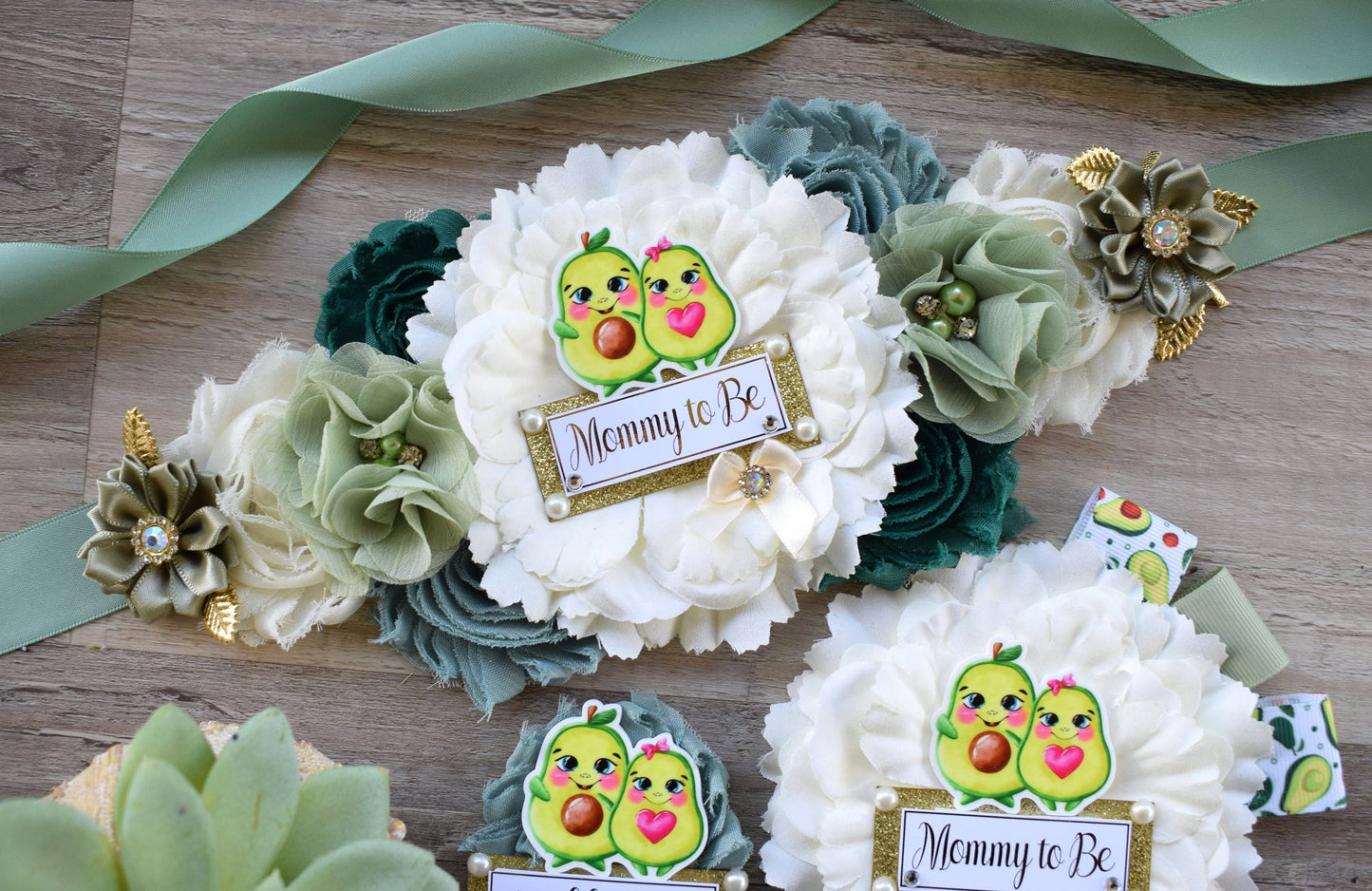 Holy Guacamole Avocado Baby Shower, Green Ivory Gold Maternity Sash, Avocado Baby Shower, Avocado Mommy To Be Ribbon Pin, Daddy To Be Pin - Celebrations By Cris