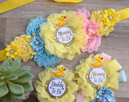 Gender Reveal Rubber Duck Baby Shower, Duck Sash, Mommy To Be Ribbon, Daddy To Be Pin, Yellow Blue Pink Rubber Duck Baby Shower Gift