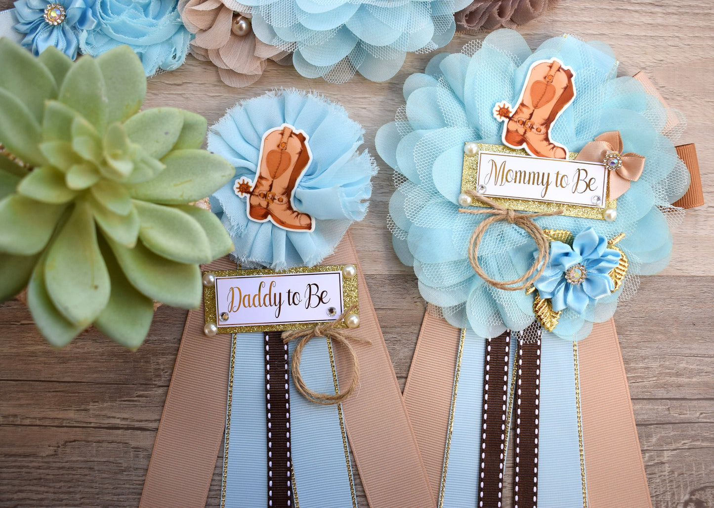 Cowboy Baby Shower, Blue Cowboy Maternity Sash, Boy Cowboy Mommy and Daddy To Be Pin, Blue Brown Flower Sash, Blue Boot Hat Corsage Pin - Celebrations By Cris