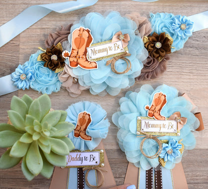 Cowboy Baby Shower, Blue Cowboy Maternity Sash, Boy Cowboy Mommy and Daddy To Be Pin, Blue Brown Flower Sash, Blue Boot Hat Corsage Pin - Celebrations By Cris