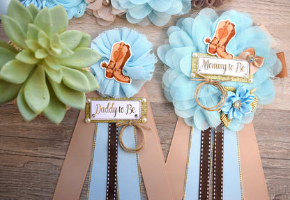 Cowboy Baby Shower, Blue Cowboy Maternity Sash, Boy Cowboy Mommy and Daddy To Be Pin, Blue Brown Flower Sash, Blue Boot Hat Corsage Pin - Celebrations By Cris