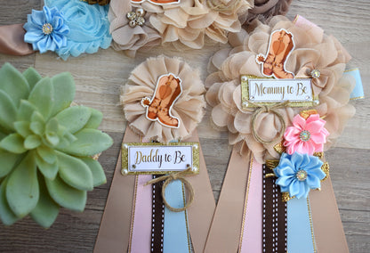 Gender Reveal Cowboy Baby Shower, Blue Pink Cowboy Maternity Sash, Boy Girl Cowboy Mommy To Be Ribbon, Daddy To Be Pin, Boot Hat Corsage Pin - Celebrations By Cris