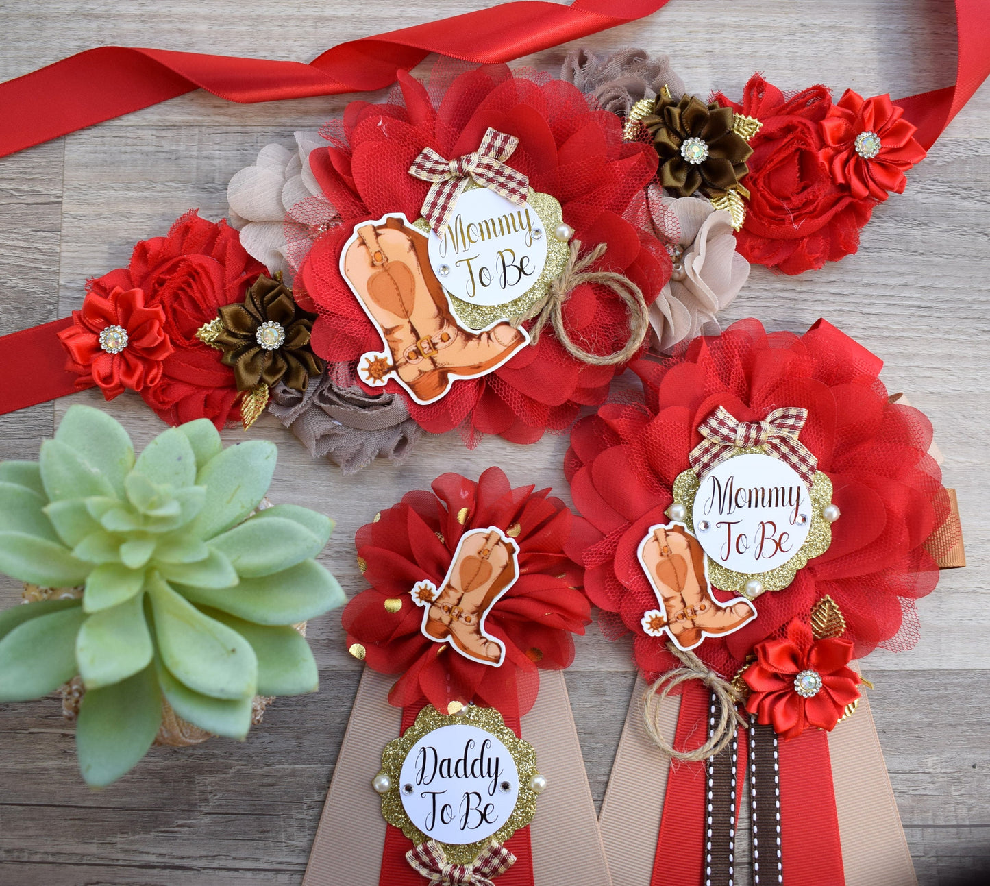 Red Cowboy Baby Shower, Red Brown Cowboy Maternity Sash, Gender Reveal Cowboy Mommy To Be Ribbon, Daddy To Be Pin, Boot Hat Corsage Pin