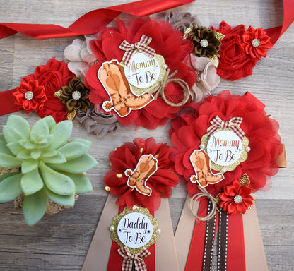 Red Cowboy Baby Shower, Red Brown Cowboy Maternity Sash, Gender Reveal Cowboy Mommy To Be Ribbon, Daddy To Be Pin, Boot Hat Corsage Pin