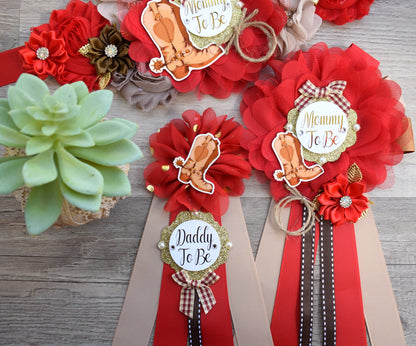 Red Cowboy Baby Shower, Red Brown Cowboy Maternity Sash, Gender Reveal Cowboy Mommy To Be Ribbon, Daddy To Be Pin, Boot Hat Corsage Pin