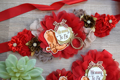 Red Cowboy Baby Shower, Red Brown Cowboy Maternity Sash, Gender Reveal Cowboy Mommy To Be Ribbon, Daddy To Be Pin, Boot Hat Corsage Pin