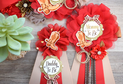 Red Cowboy Baby Shower, Red Brown Cowboy Maternity Sash, Gender Reveal Cowboy Mommy To Be Ribbon, Daddy To Be Pin, Boot Hat Corsage Pin