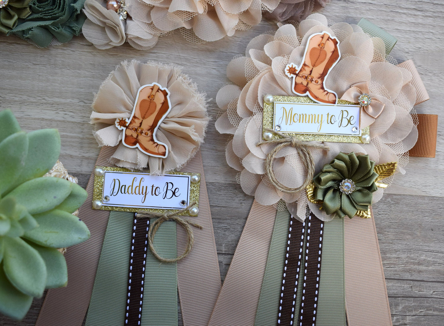 Sage Cowboy Baby Shower, Sage Cowboy Maternity Sash, Boy Cowboy Mommy and Daddy To Be Pin, Sage Brown Flower Sash, Sage Boot Hat Corsage Pin - Celebrations By Cris