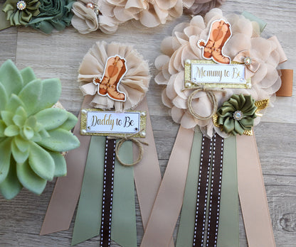 Sage Cowboy Baby Shower, Sage Cowboy Maternity Sash, Boy Cowboy Mommy and Daddy To Be Pin, Sage Brown Flower Sash, Sage Boot Hat Corsage Pin - Celebrations By Cris