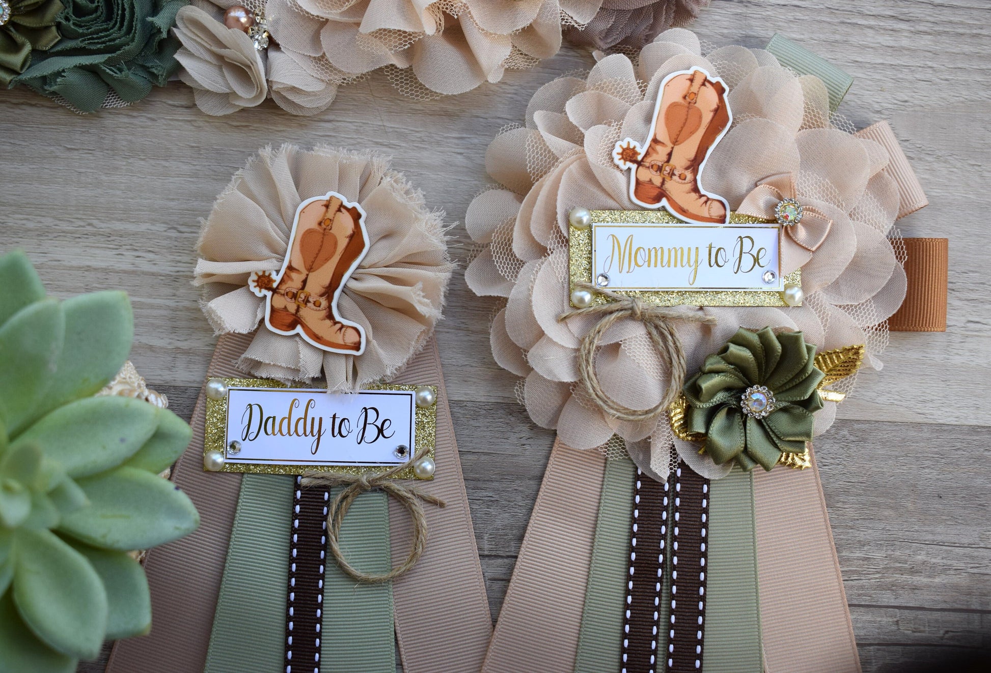 Sage Cowboy Baby Shower, Sage Cowboy Maternity Sash, Boy Cowboy Mommy and Daddy To Be Pin, Sage Brown Flower Sash, Sage Boot Hat Corsage Pin - Celebrations By Cris