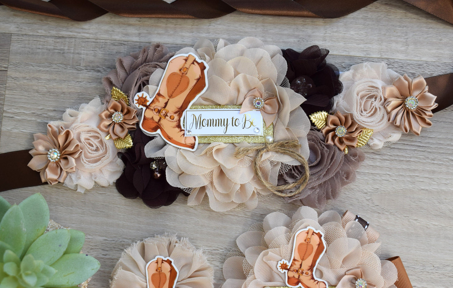 Cowboy Baby Shower, Rustic Tan Brown Cowboy Maternity Sash, Gender Reveal Cowboy Mommy To Be Ribbon, Daddy To Be Pin, Boot Hat Corsage Pin - Celebrations By Cris